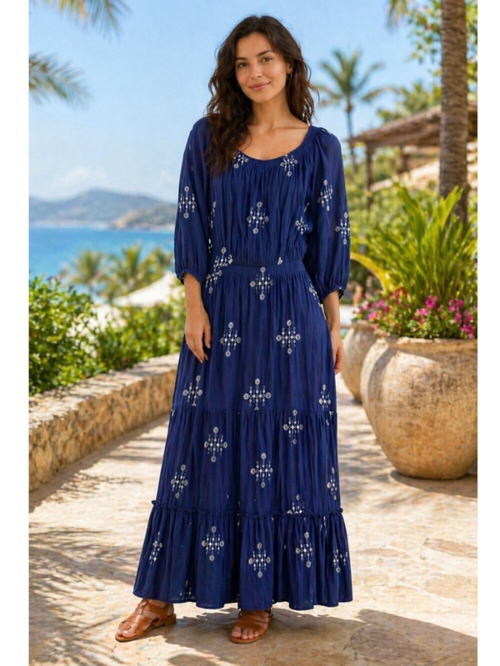 Blue Maxi Dress Embroidered Cottagecore Small